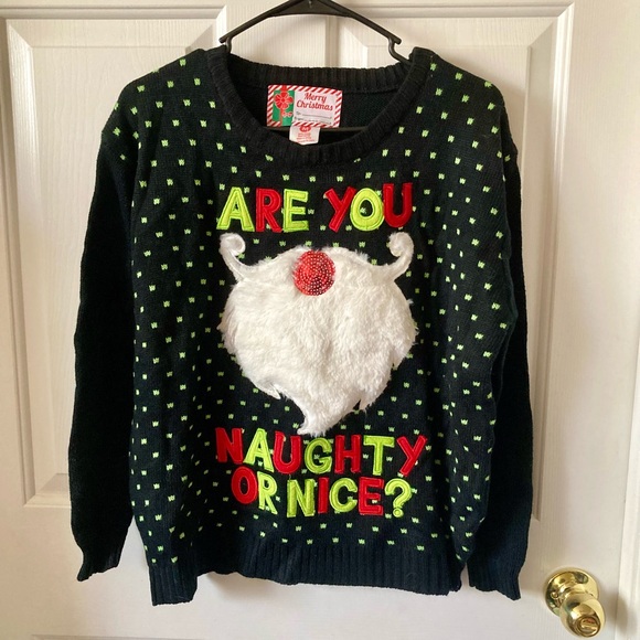 Merry Christmas Ugly Holiday Sweater Are You Naughty Or Nice Gnome Beard Size M - Picture 1 of 5